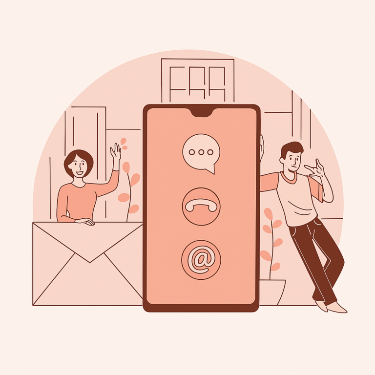 Illustration of contact options via phone, email, and chat for Online Advertising Services Inquiry at Ad Creative Store